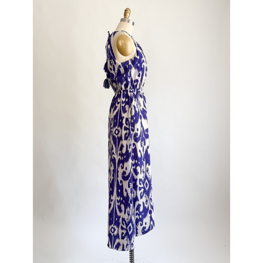 Bohemian Athleta Ikat Maxi Dress S Blue White Halter Tassel High Low Hem - Picture 4 of 9